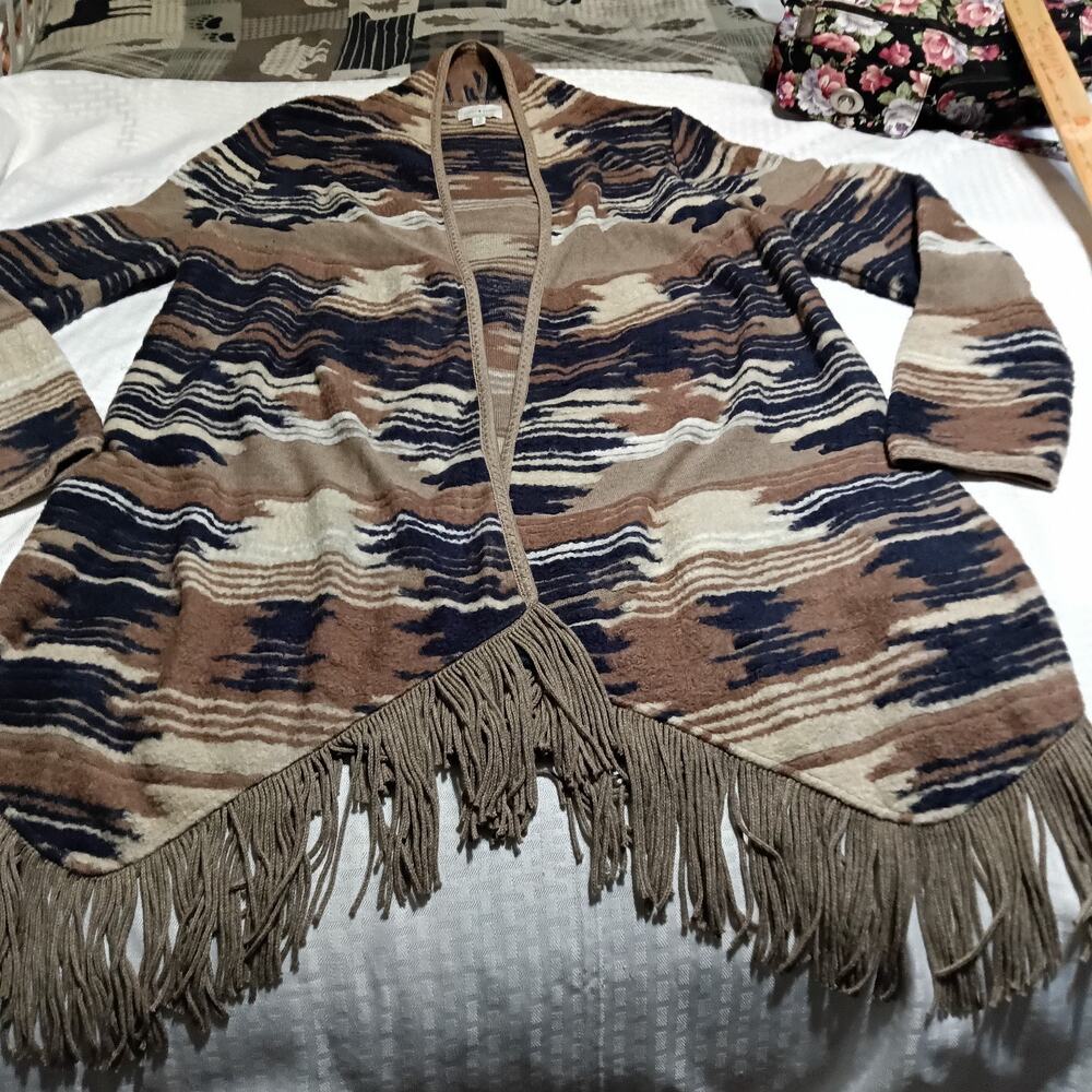 Lucky Brand Women’s Aztec Fringed Brushed Knit Cardigan Sweater Size L Western